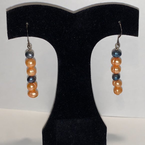 Orange and Blue Freshwater Pearl Dangle Earrings - Picture 3 of 6